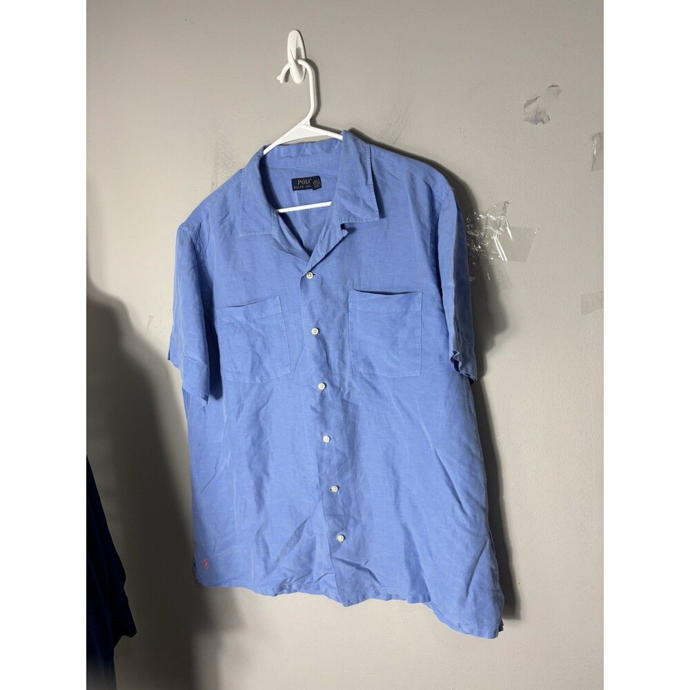 Polo Ralph Lauren Shirt Mens XL Blue Linen/silk Short Sleeve Button Down